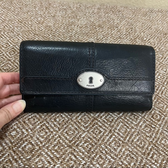 Fossil Maddox Marlow Leather Trifold Flap Clutch Wallet  Black Vintage - Picture 1 of 13